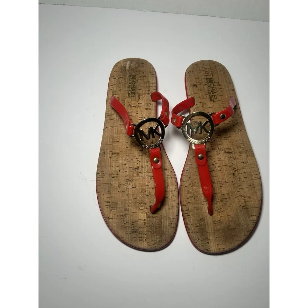 Michael Kors Charm Jelly Women Thong Sandals Red Gold MK Logo Cork PVC Sz 11